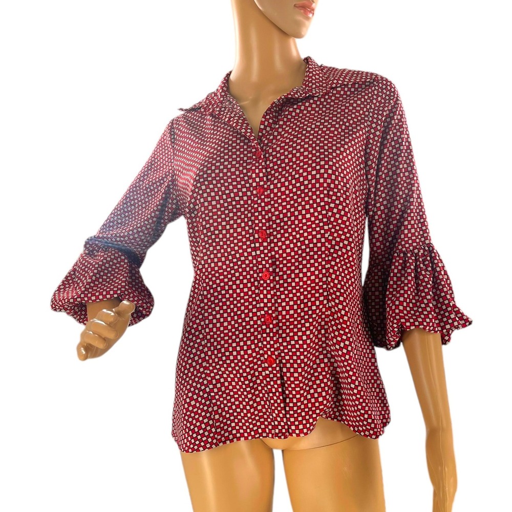 Ninety Red Checkered‎ Button Down Blouse Bishop Sleeve Collared Top Career Small